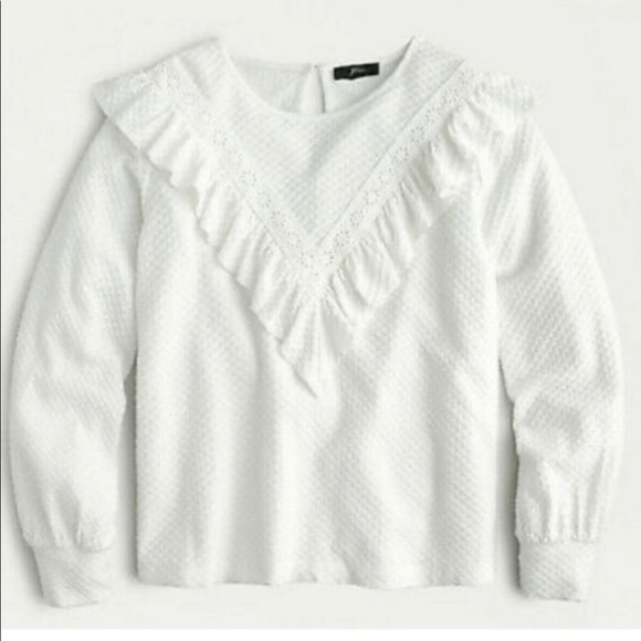 J. Crew Tops - J. Crew White Ruffle Trim Honeycomb Knit Cotton Top Size Medium